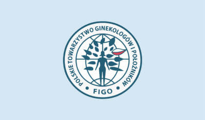 logotyp Polskie Towarzystwo Ginekologów i Położników FIGO na niebieskim tle